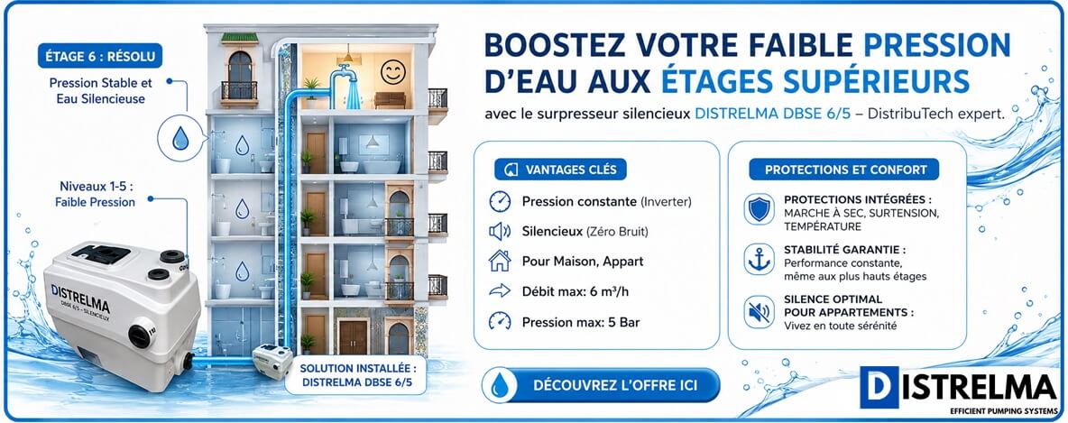 Surpresseur eau silencieux inverter DISTRELMA DBSE 6/5 pour faible pression eau appartement maison Maroc